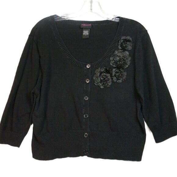 Torrid Womens Size 1 Black Cardigan w Flower Decor Button Up Sweater - Picture 1 of 12